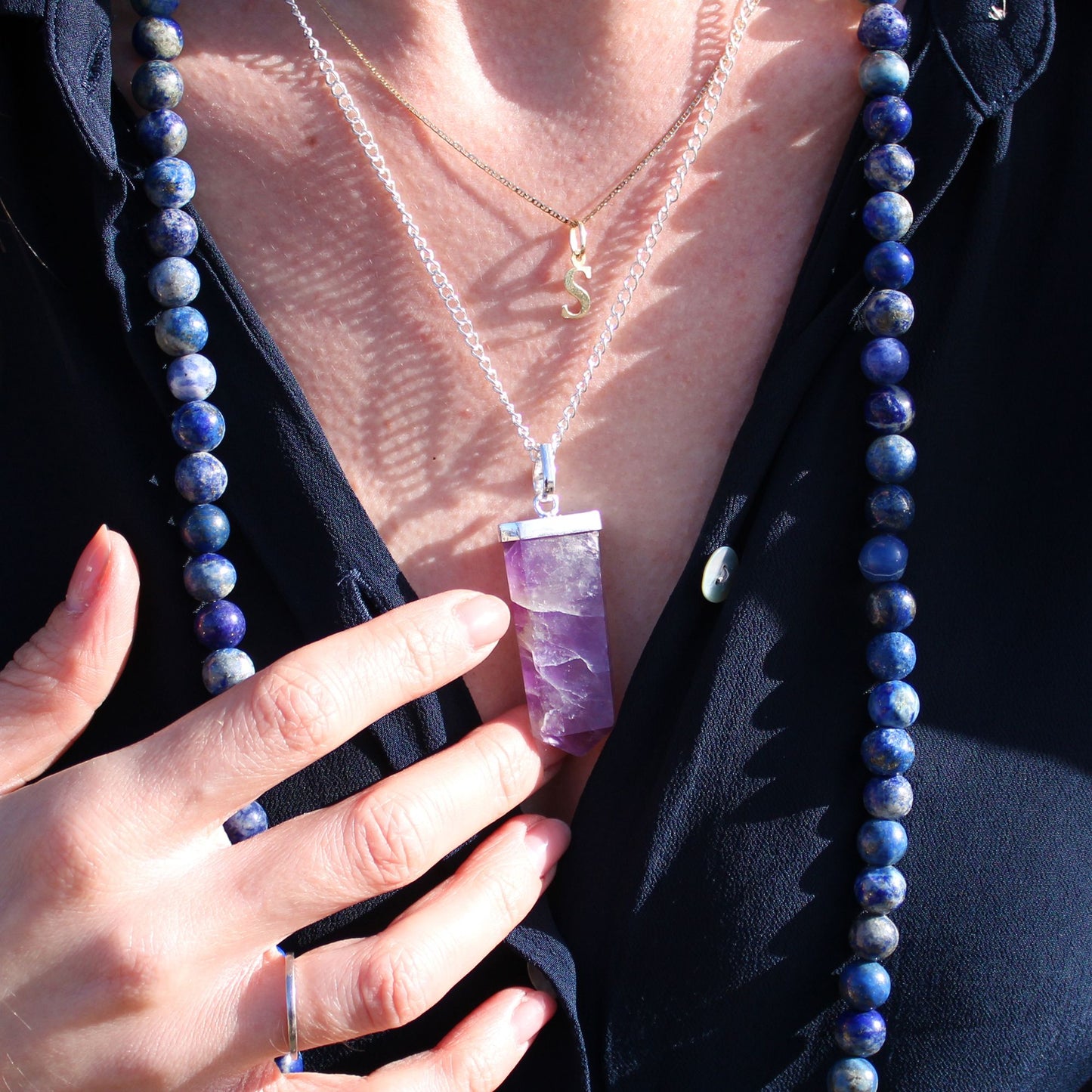 Pendant in the shape of a flat gemstone crystal - black agate