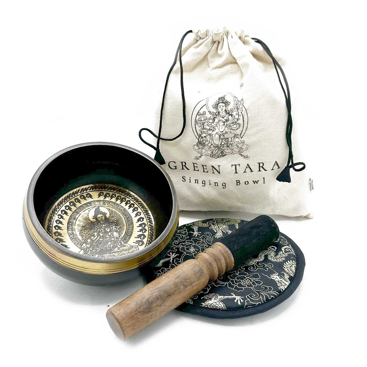Hand-hammered and Engraved Singing Bowl Gift Set – 14 cm – Green Tara