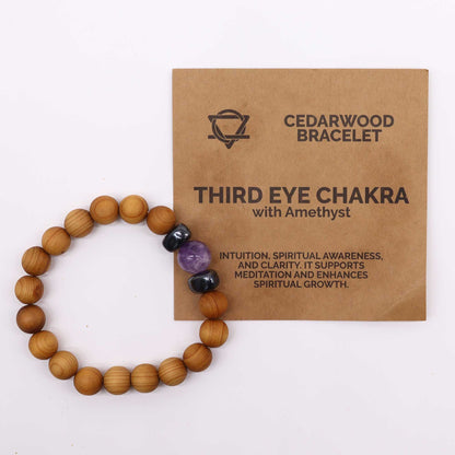 Cedar wood bracelet for the third eye chakra with amethyst