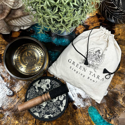 Hand-hammered and Engraved Singing Bowl Gift Set – 14 cm – Green Tara