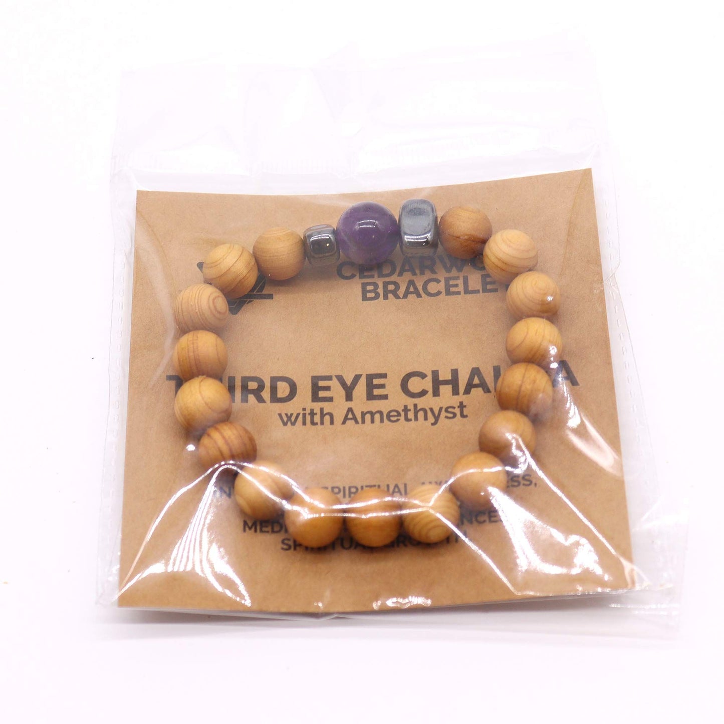 Cedar wood bracelet for the third eye chakra with amethyst