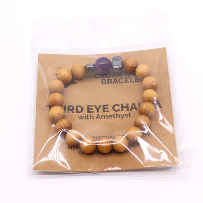 Cedar wood bracelet for the third eye chakra with amethyst